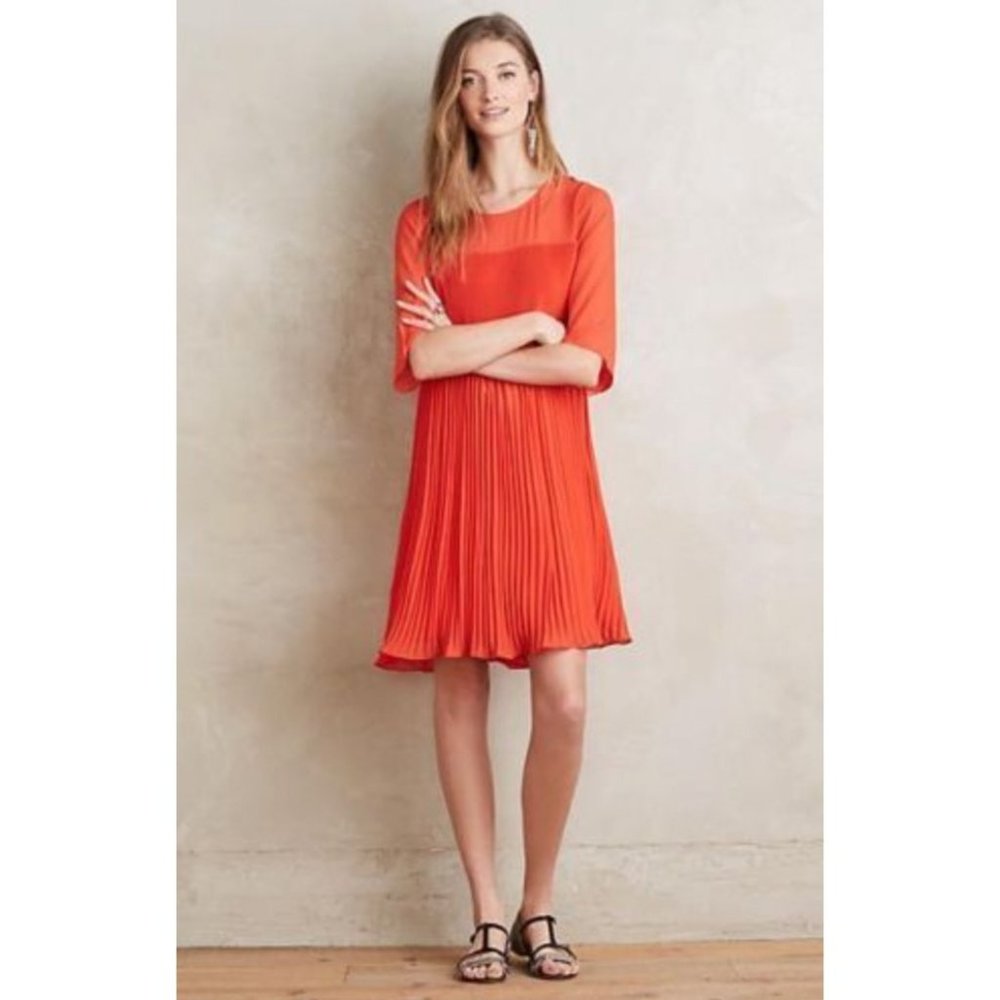 Anthropologie Maeve Edie Vibrant Poppy Red Pleated Swing Dress Womens Size 10